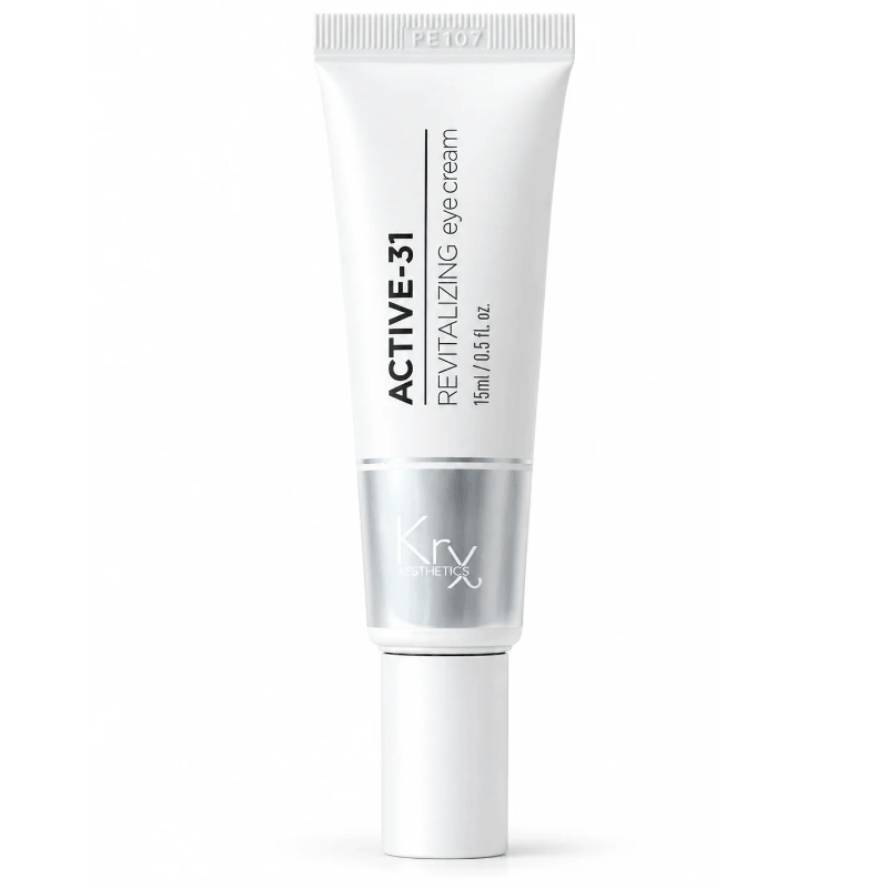 KrX Aesthetics Active 31 Revitalizing Eye Cream 0.5oz / 15ml, hydrating Korean skincare eye treatment with peptides and collagen to visibly firm and smooth fine lines.