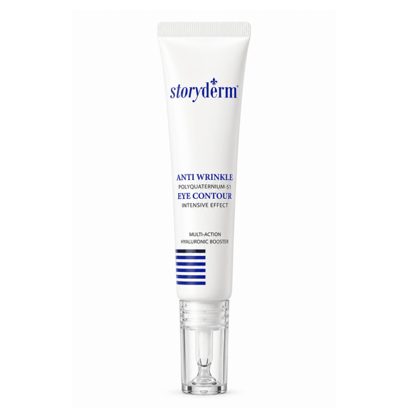 Storyderm Anti Wrinkle Eye Contour Cream, intensive eye treatment in a white squeeze tube with blue lettering and a clear applicator tip, designed to hydrate and smooth the delicate eye area.