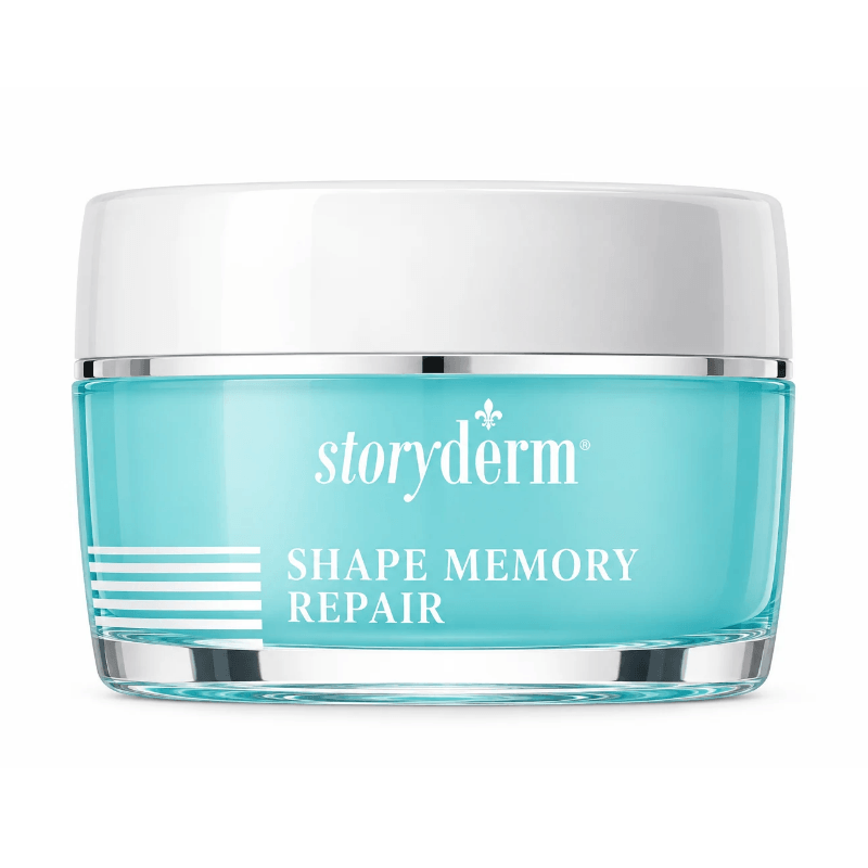 Storyderm Shape Memory Repair skincare cream in a turquoise blue jar with white lettering, a white lid, and silver accents, displayed against a clean white background.